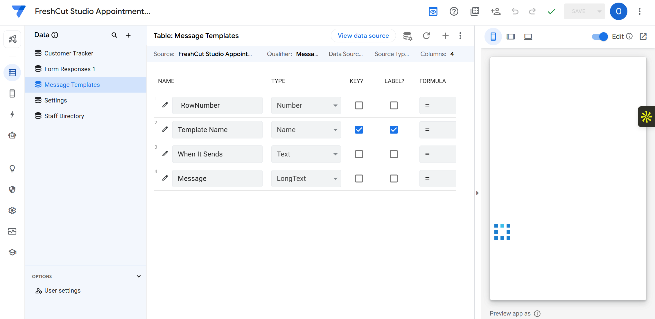 AppSheet prototype configuration